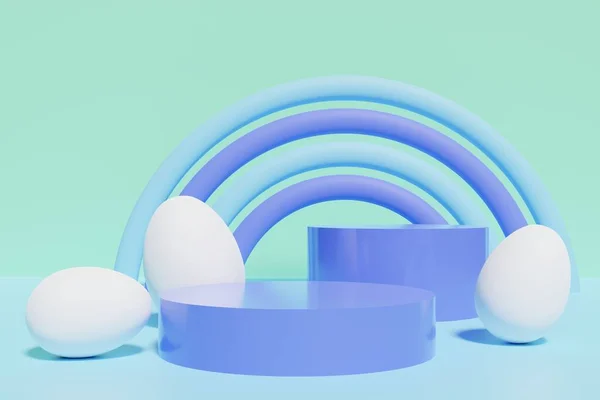 3d render of white eggs and purple blue podiums with a purple and light blue rainbow on a mint background — Stock Photo, Image