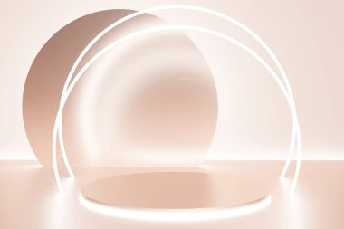 Fildişi arkaplan üzerinde neon ışıklarla bej podyumun 3D görüntüsü
