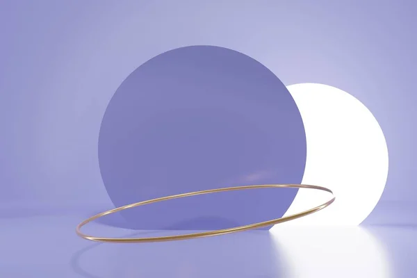 3d weergave van paarse scène voor productpresentatie met metallic gouden ring en cirkelvormige led-licht — Stockfoto