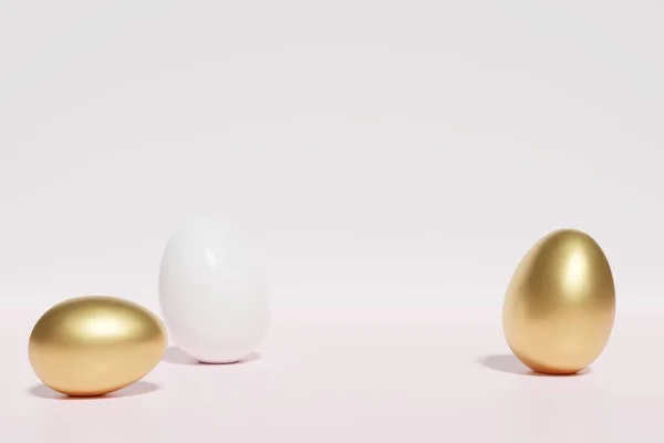 3Dレンダリングの黄金とピンクイースターの卵シーン上のピンクの背景 — ストック写真