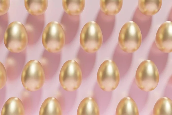 3d weergave van een patroon van gouden paaseieren op een roze achtergrond — Stockfoto