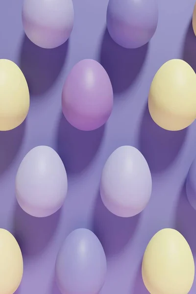 3D καθιστούν παστέλ χρωματιστό βιολετί, μοβ και κίτρινο μοτίβο αυγών του Πάσχα σε βιολετί φόντο — Φωτογραφία Αρχείου