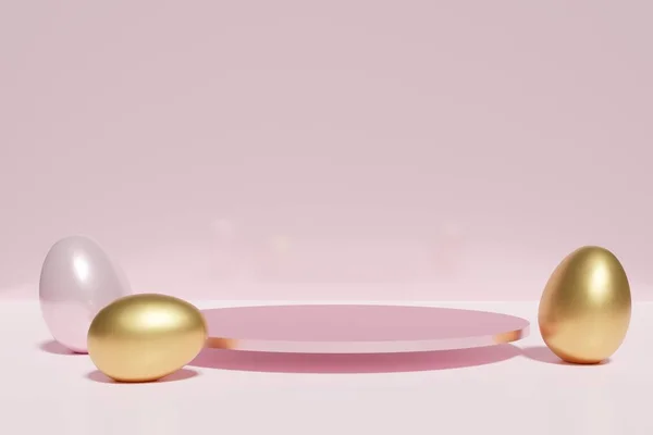 3d weergave van gouden en roze paaseieren scène met podium op een roze achtergrond — Stockfoto