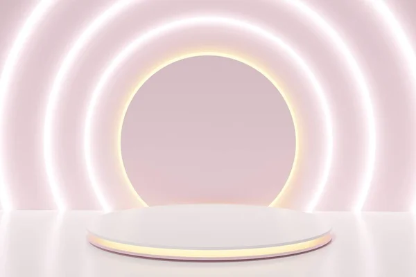 3d render of beautiful white and pink podium with led lights and circular lit frame on a pink background — Stockfoto