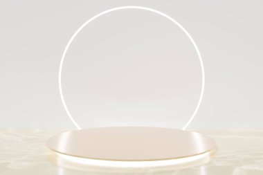 Üç boyutlu bej kaplamalı podyum, bej renkli sıvı arka planda kurşun yuvarlak halka.