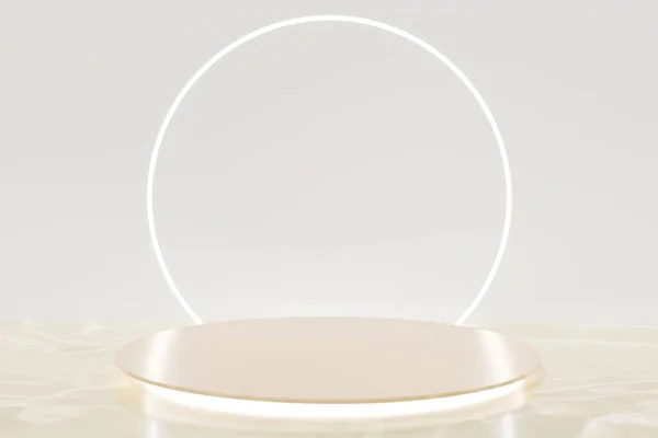 3d render of beige led lit podium with led round ring on a beige fluid background — Stockfoto