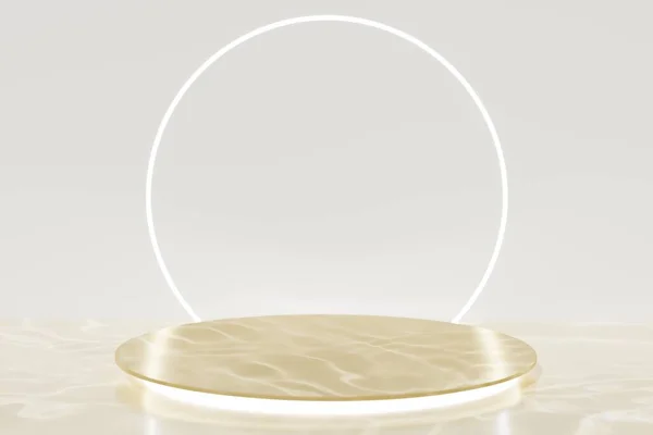 3d render of beige led lit podium with led round ring on a beige fluid background — Stockfoto