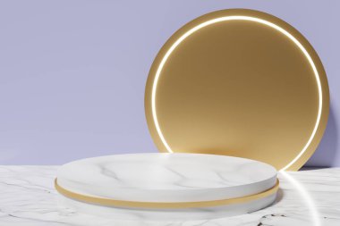 Mor arkaplanda mermer zemin üzerinde 3D mermer ve altın podyum