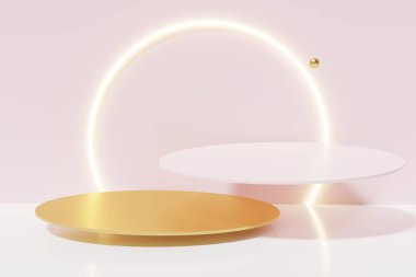 Pembe arka planda yuvarlak bir yay ile iki altın ve pembe podyumun 3D canlandırması