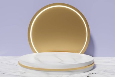 Mor arkaplanda mermer zemin üzerinde 3D mermer ve altın podyum