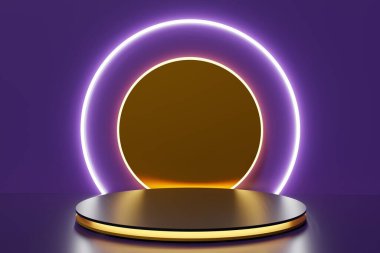 3 boyutlu altın ve siyah podyum, mor bir arka planda neon yüzüklerle Cadılar Bayramı ilham verici bir sahne.