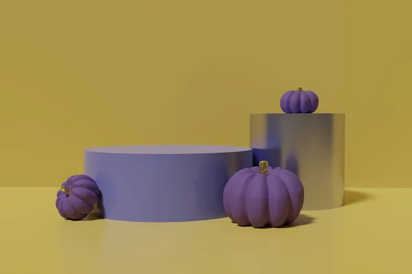 3d renderizado de podios morados con calabazas moradas y doradas sobre un fondo amarillo mostaza — Foto de Stock