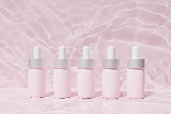 3d render of pink face serum pipette bottles on a pink water background for your beauty project