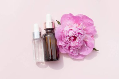 Pipet şişesinde yüz serumu ve pastel pembe arka planda şakayık çiçeği projeniz için.