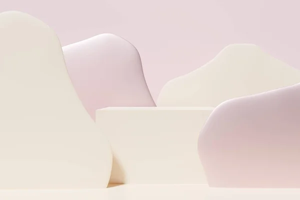 3D渲染场景 带米黄色和粉色金属3D形状的产品展示在粉色背景与立方体讲台 — 图库照片