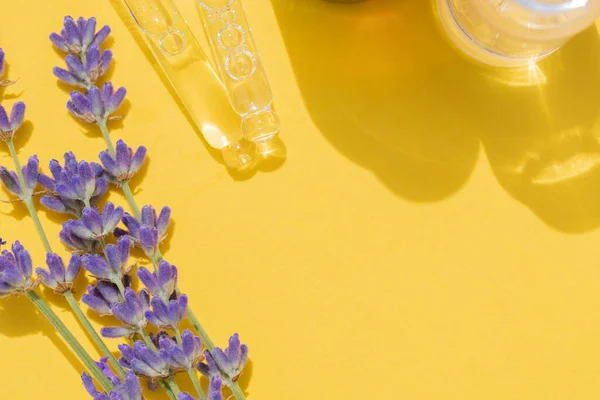 Pipetas Con Suero Facial Con Sombras Flores Lavanda Sobre Fondo — Foto de Stock