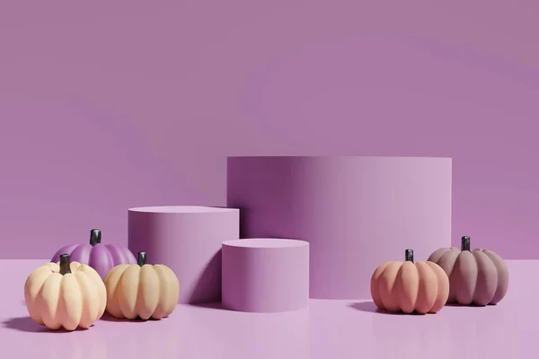 Render Different Shades Orange Pumpkins Purple Podiums Pink Background Halloween — Foto de Stock
