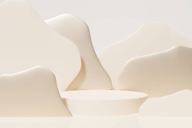 Fildişi bir zemin üzerinde bej ve metalik 3D şekilli yuvarlak podyum ürün sunumu için 3D görüntüleme sahnesi