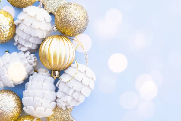 Beutiful Shiny Gold Beige Christmas Baubles Blue Background Your Festive —  Fotos de Stock