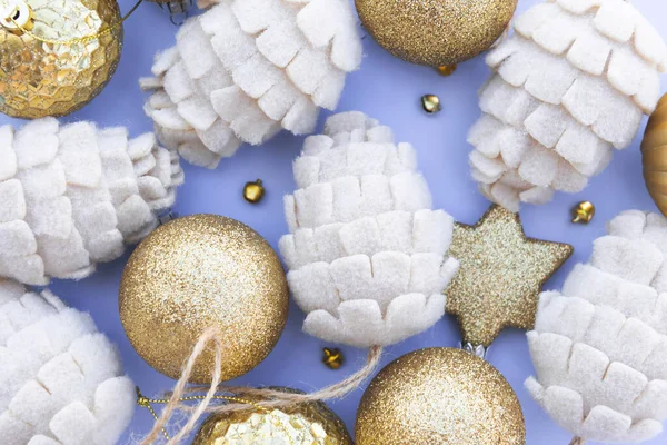 Beutiful Shiny Gold Beige Christmas Baubles Blue Background Your Festive — Foto de Stock