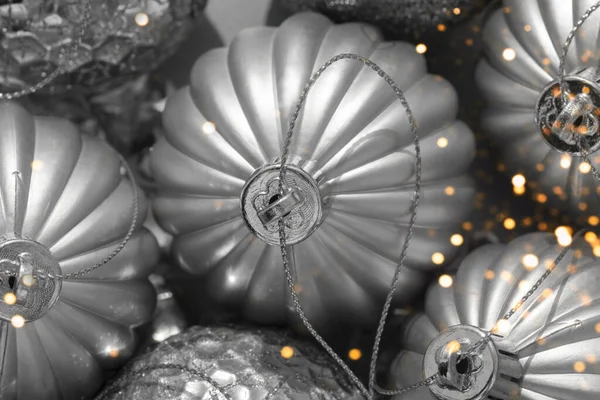 Macro Detail Beautiful Shiny Silver Christmas Baubles Your Festive Christmas — Stockfoto