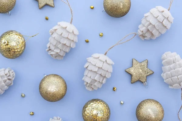 Beutiful Shiny Gold Beige Christmas Baubles Blue Background Your Festive — Foto de Stock