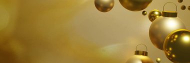 3d render of beautiful flying golden Christmas baubles on a gold background banner for your festive xmas project