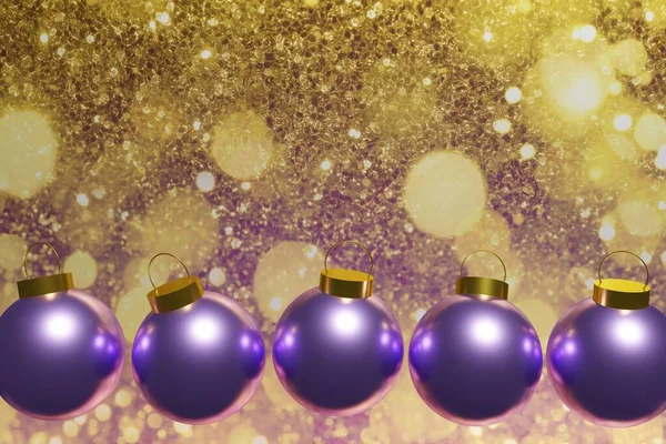 Render Beautiful Flying Purple Christmas Baubles Gold Bokeh Lights Background — Foto de Stock