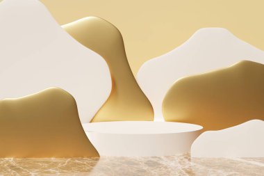 3d render of beige podium on a stone floor with beige and golden wavy shapes on a beige background