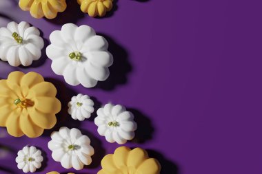 3 boyutlu beyaz ve turuncu balkabağı çizimi, Cadılar Bayramı projeniz için kopyalama alanı olan mor bir arka planda yatıyordu.