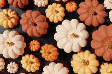 3 boyutlu turuncu ve kahverengi balkabağı çizimi Cadılar Bayramı projeniz için siyah arka planda yatıyordu.