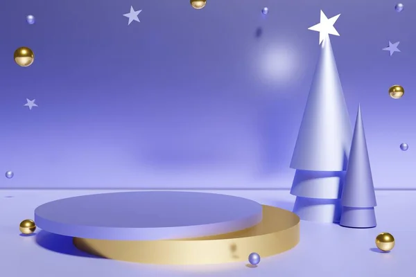 3d render of violet and gold podium with Christmas trees with spheres on a violet background for Xmas with color of the year 2022