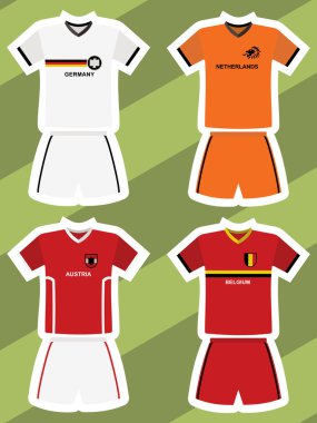 Set of abstract football jerseys, germany, netherlands, austria and belgium clipart