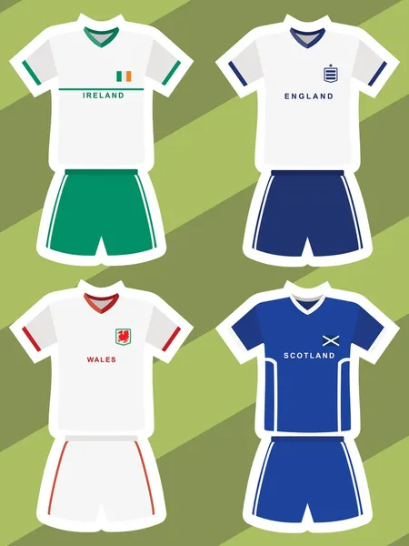 Conjunto de camisetas abstractas de fútbol, Irlanda, Inglaterra, Gales y Escocia — Archivo Imágenes Vectoriales