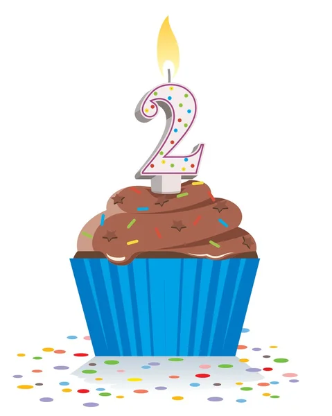 Δεύτερο γενέθλια cupcake με αναμμένο κερί σε σχήμα του αριθμού δύο — Διανυσματικό Αρχείο