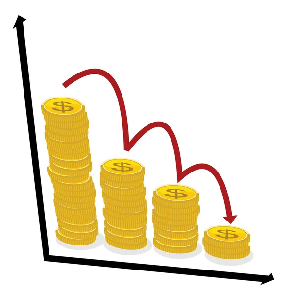 Concepto de declive financiero, pila de monedas con signo de dólar y flecha roja apuntando hacia abajo — Vector de stock