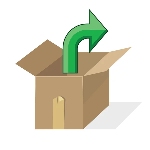 Open cardboard box with green arrow pointing out — Stock Vector