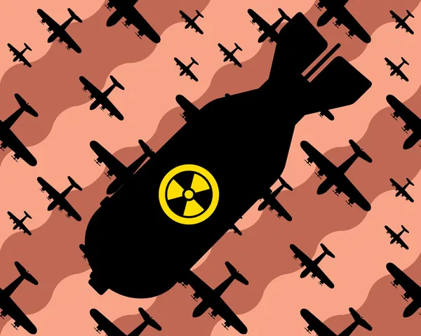 nükleer bomba gökyüzünden, arka planda bombardıman uçakları düşüyor.