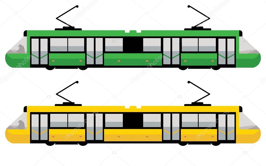 Modern tram, green and yellow color