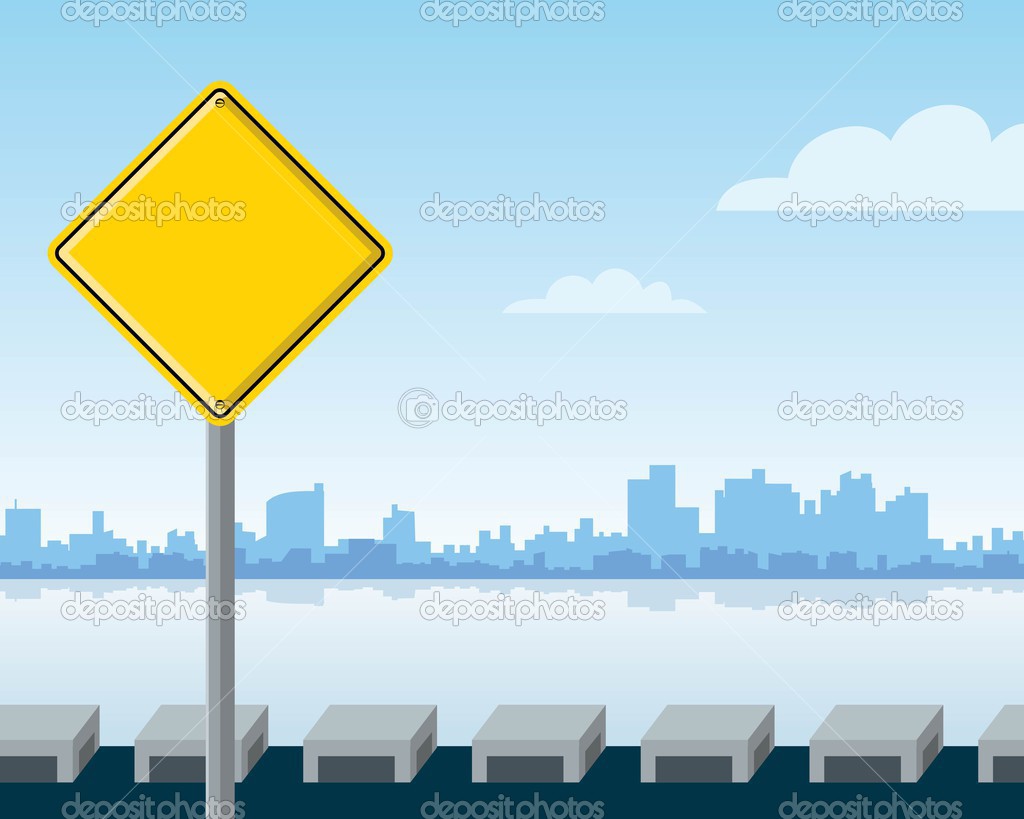City landscape with blank warning sign