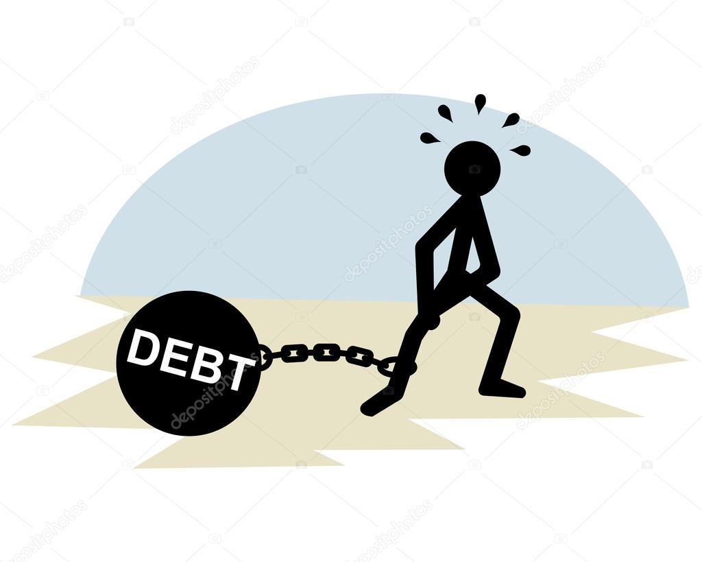 Debt burden concept, man dragging chains and big ball