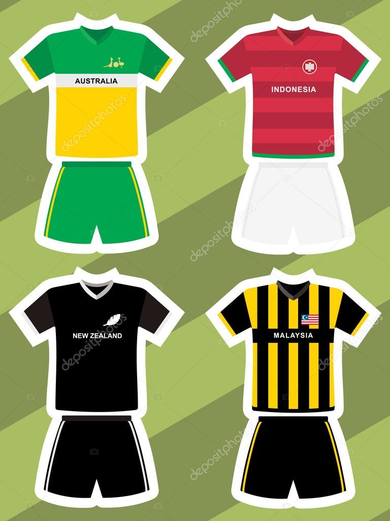 Set of abstract football jerseys, australia, new zealand, indonesia and malaysia