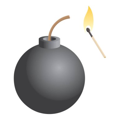 Bomb with fuse and burning match isolated on white background