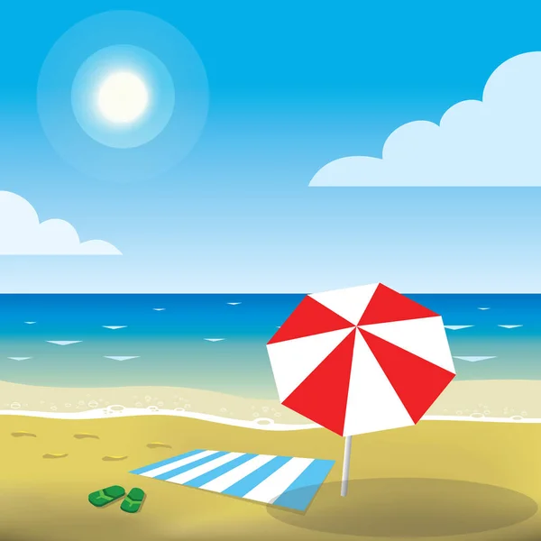 有雨伞 毛巾和拖鞋在沙滩上的阳光海滩 — 图库矢量图片