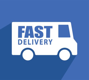 hızlı dağıtım kamyonu, mavi arkaplanda beyaz simge izole