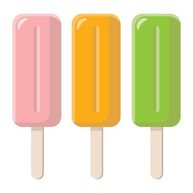 three ice-creams on stick in different flavors and colors isolated on white background