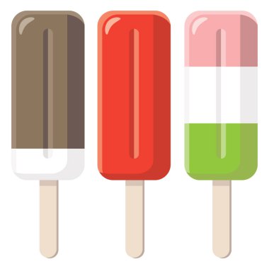 three ice-creams on stick in different flavors and colors isolated on white background