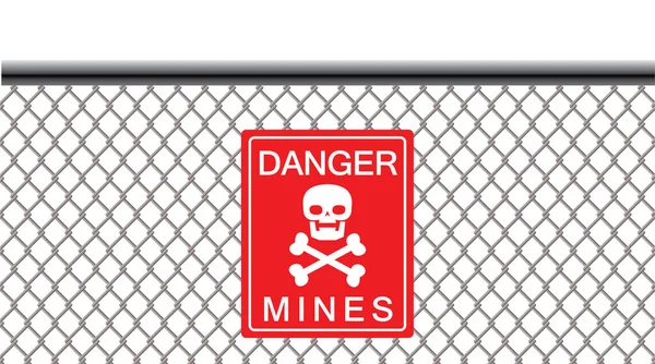 钢丝栅栏上有地雷的危险标志 — 图库矢量图片