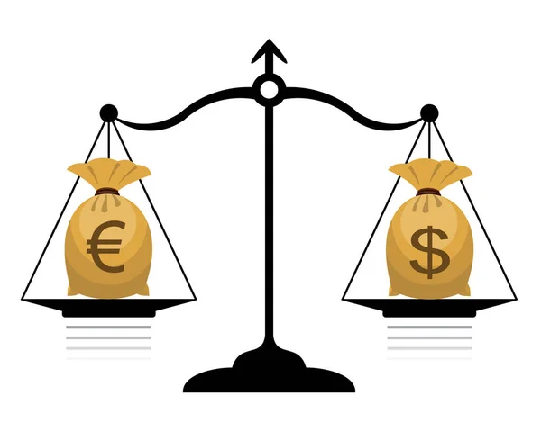 Weegschalen Meetzakken Met Euro Dollarvaluta Concept Van Een Gelijke Koers — Stockvector