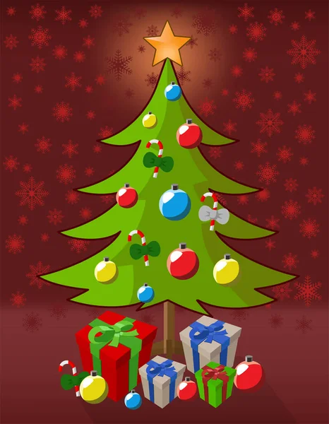 有礼物和雪花背景的圣诞树 — 图库矢量图片